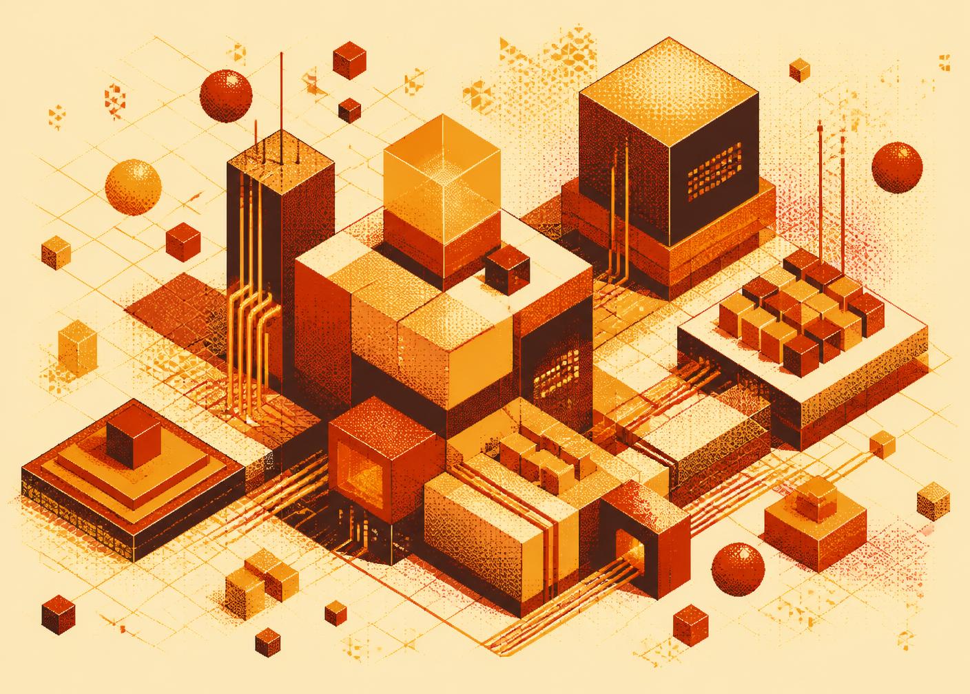 Isometric graphic of amber and rust blocks representing layered software services