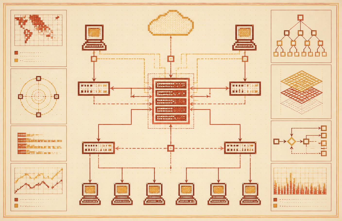 Technical schematic poster of a network topology drawn in rust and amber ink on warm paper