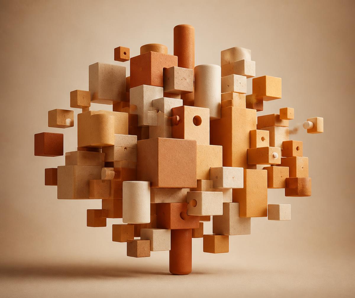 Cluster of matte terracotta and cream geometric blocks arranged into one floating structure