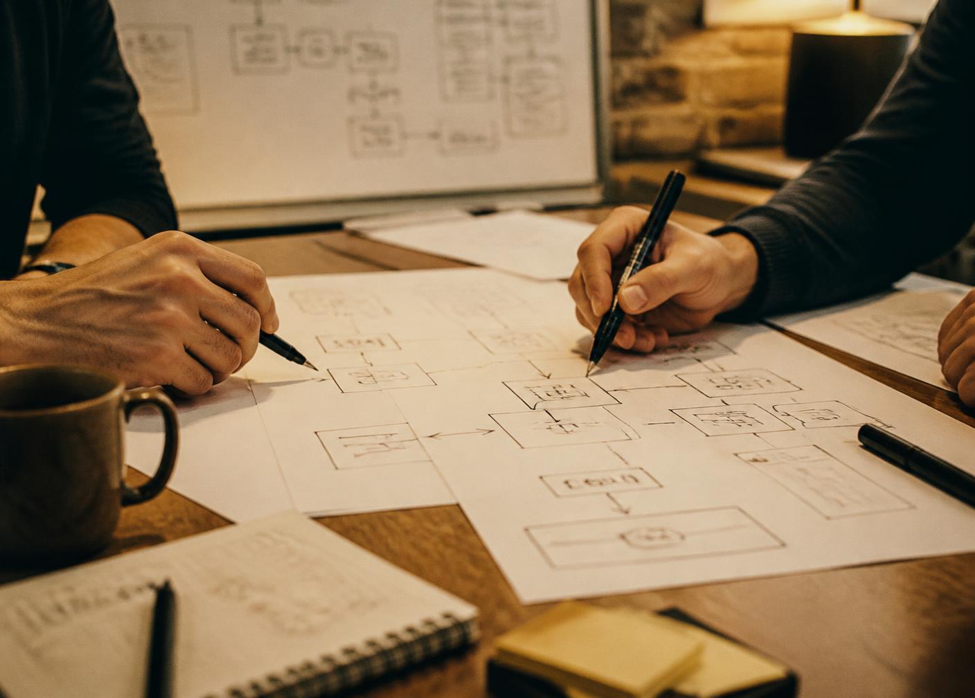 Hands sketching architecture diagrams on paper during an engineering planning session